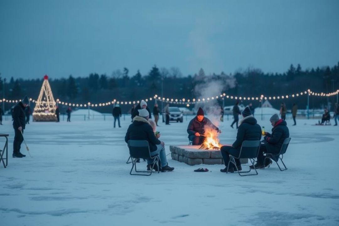  Ледовая стоянка с яркими палатками и зимними снастями