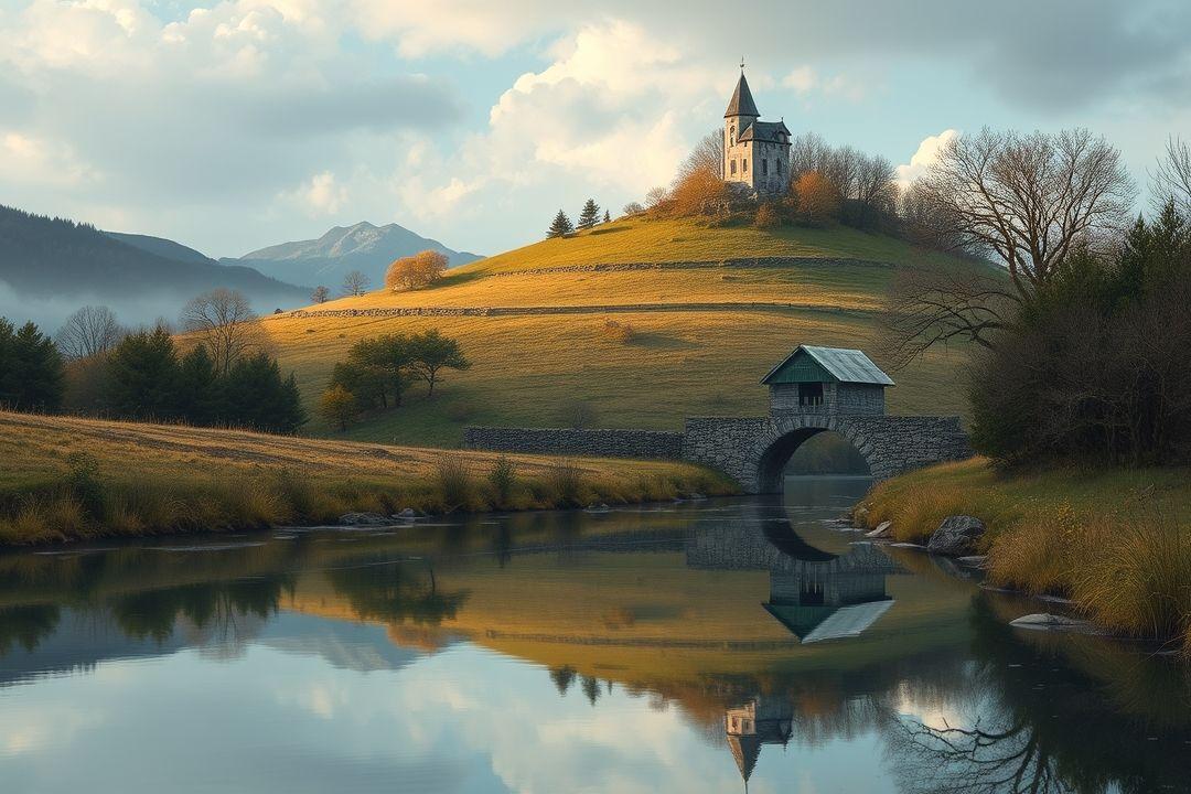  зимний пейзаж с метелью и людьми на санках.